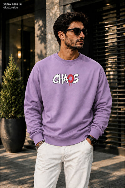 caddekombin Men's Chaos Slogan Printed Cycling Round Neck Casual Sweatshirt