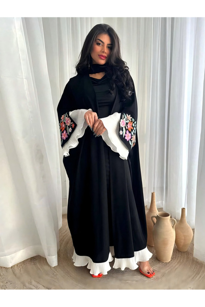 Take Two By Styli Black Embroidered Abaya with Pleated Cuffs