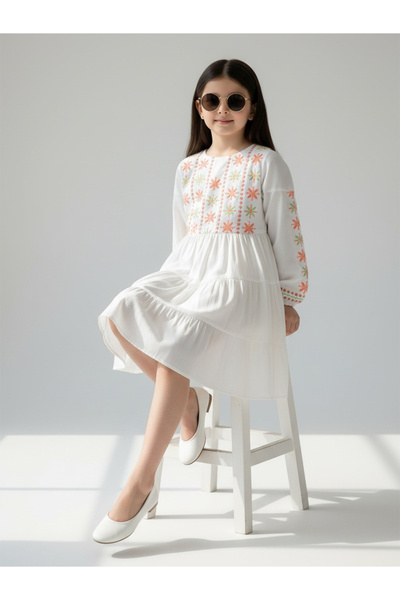 Bella Moda By Styli Girls Long Sleeve Embroidered Tiered Midi Dress