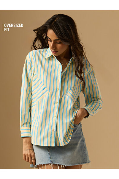 The Souled Store By Styli Yellow and Blue Striped Oversized Long Sleeve Shirt