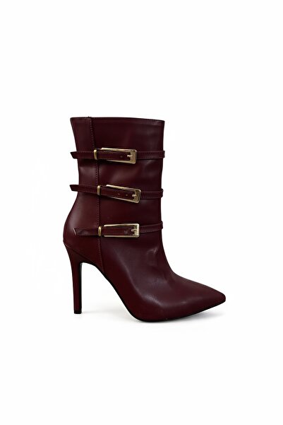 SHOEBELLAS Korn Bordo Cilt Kemer Detaylı Kadın Topuklu Bot