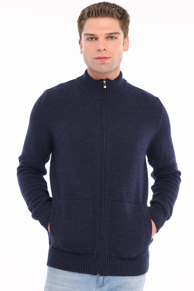 Trist Star Navy Blue Men's 80% Wool 20% Acrylic Plain Knit Full Zipper Stand ...