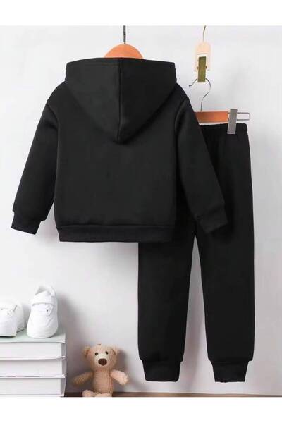 MORNİNG KİDS Kız Çocuk Siyah Kapşonlu Mavi Pembe Kelebek Baskılı Sweatshirt- Siyah Eşofman Takım