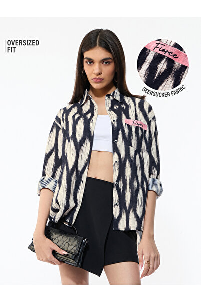 The Souled Store By Styli قميص أسود وأبيض بطباعة إيكات من قماش السيرسكر بمقاس...