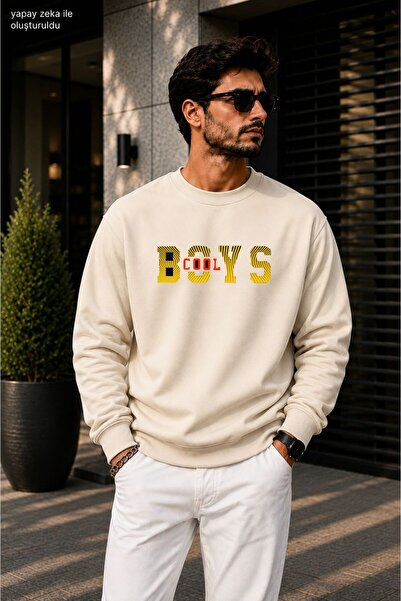 caddekombin سويت شيرت كاجوال برقبة دائرية مطبوع عليه شعار Cool Boys للرجال