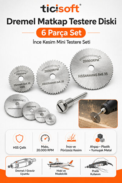 Ticisoft Dremel Matkap Testere Diski 6 Parca Set HSS Mini Dairesel Kesim Test...