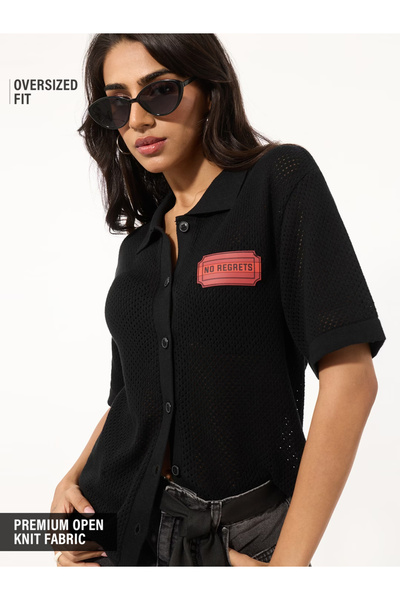 The Souled Store By Styli قميص أسود كبير الحجم مفتوح الحياكة بأكمام قصيرة