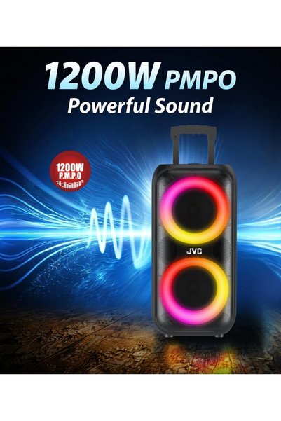 JVC Portable Bluetooth Trolley Party Speaker, 1200W PMPO, 3600mAh Battery, Multicolour LED Lights, with AUX/FM/USB/Micro SD, Remote Control and Wired Mic, Type-C Fast Charging, XS-N3216PB
