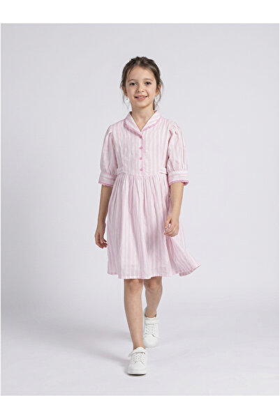 Bella Moda By Styli Girls Striped Cotton Dress with Bow Waist Applique