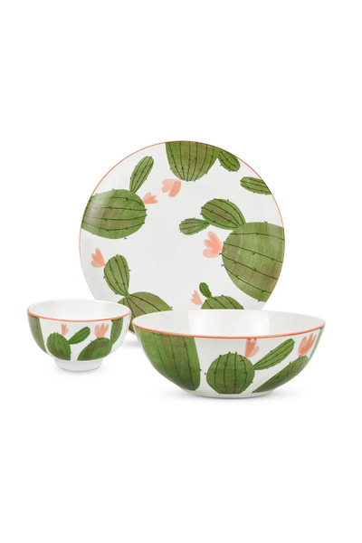 Carrefour Home Set de veselă, model cactus, porțelan, alb cu decor