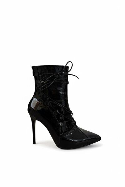 SHOEBELLAS Kessy Siyah Rugan İp Kurdele Detaylı Kadın Topuklu Bot