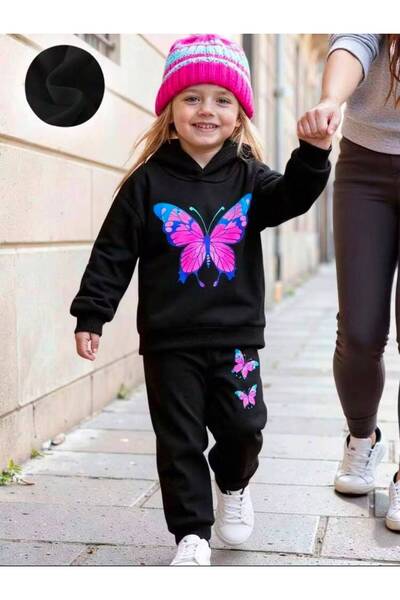 MORNİNG KİDS Kız Çocuk Siyah Kapşonlu Mavi Pembe Kelebek Baskılı Sweatshirt- Siyah Eşofman Takım