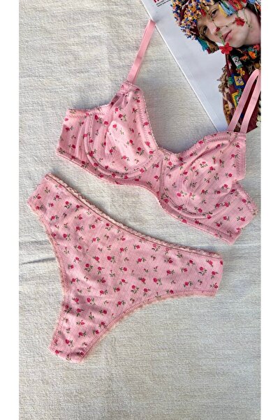 LUNAVEA Women's Pink Mini Rose Patterned Bra Panty Set – Ribbed 2-Piece Under...