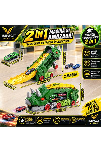 Impact Vision Set Multifunctional Dinozaur 2 in 1, Camion de Transport si Rampa de Lansare cu 2 Masinute, Verde Portocaliu, Impact Vision®️