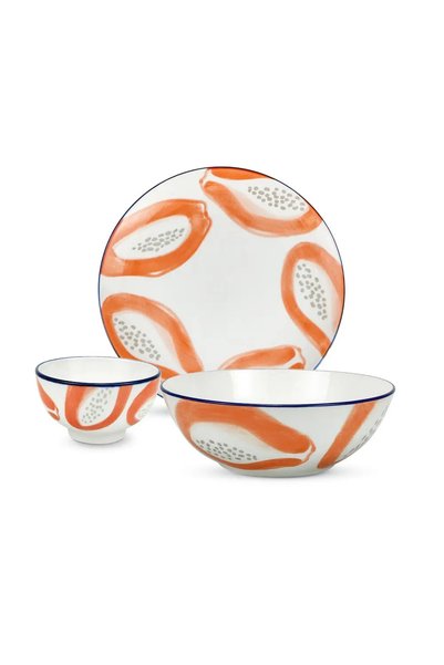Carrefour Home Set de veselă, Model Papaya, Porțelan, 9 piese, Alb cu decor
