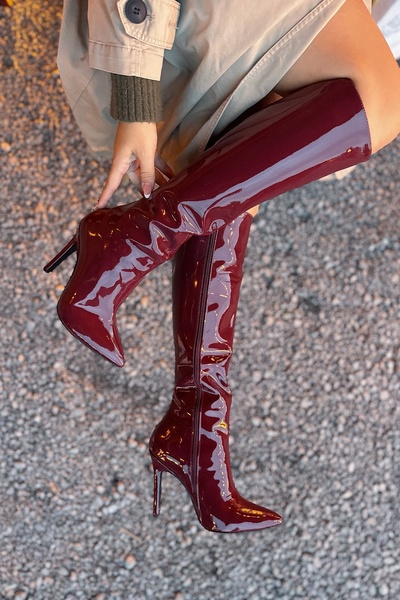 SHOEBELLAS Wory Bordo Rugan Fermuar Detaylı Kadın Topuklu Çizme