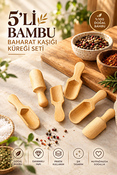 House Bird 5'li Bambu Baharat Kaşığı Küreği Seti Doğal Ahşap Ölçü Kaşığı Kahv...
