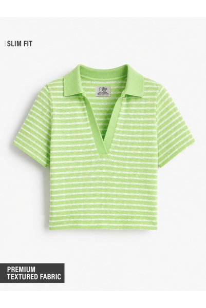 The Souled Store By Styli Green Striped Cotton Blend Slim Fit Polo Crop T-Shirt