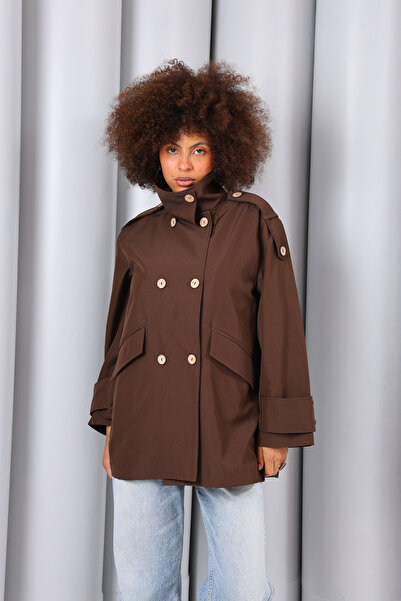 SahraAfra Women's Oversize Short Trench Coat Stand Collar Buttoned Pocket Tre...
