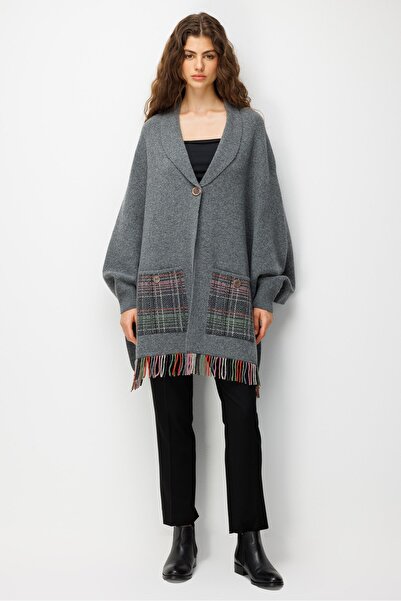 Desen Triko Women's Shawl Collar Pocketed Wool Poncho with Tassels at the Hem...