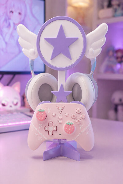 Kanatlı Kawaii Kulaklık ve Gamepad Standı - Mor