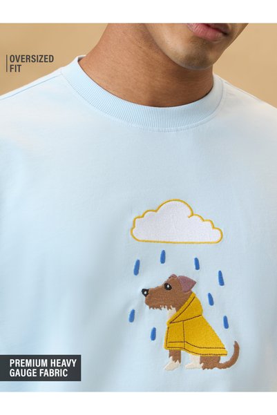 The Souled Store By Styli Blue Embroidered Rainy Dog Oversized Round Neck T-S...