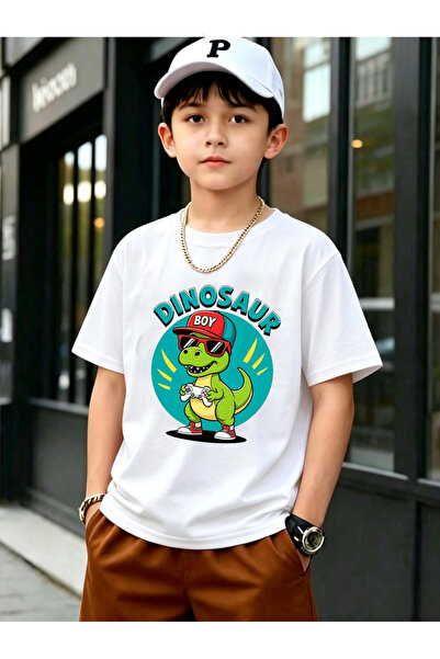 Take Two By Styli Boys White Cotton Dino Gamer Graphic T-Shirt