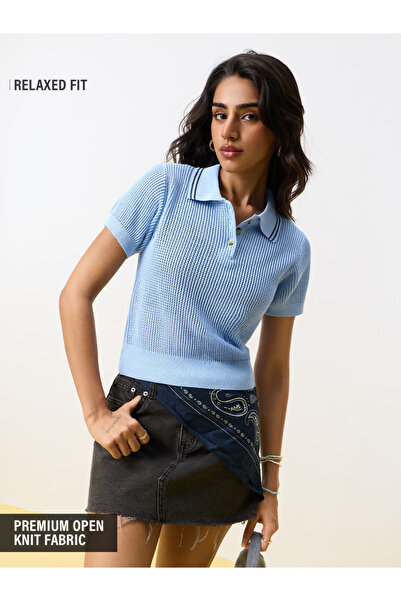 The Souled Store By Styli Blue Knitted Relaxed Fit Short Sleeve Polo T-Shirt
