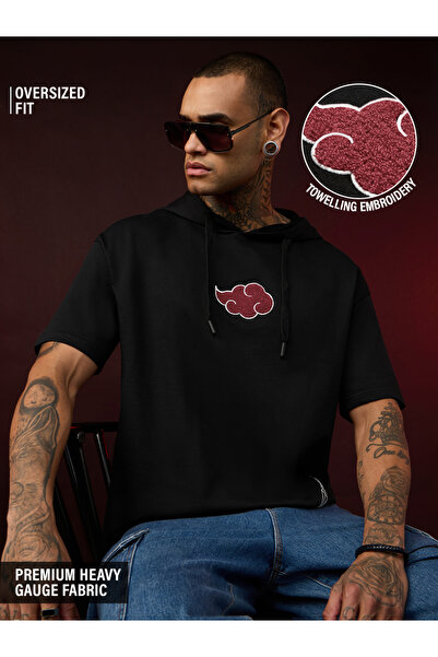 The Souled Store By Styli Men Black Embroidered Akatsuki Cloud Oversized Hood...