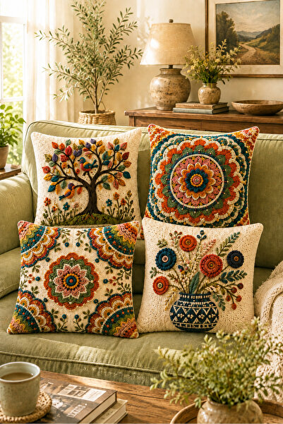 ayshome textile 3 BOYUTLU DİJİTAL BASKI Maksimalist Bohem Desenli 4'Lü Kırlent Kılıfı Seti