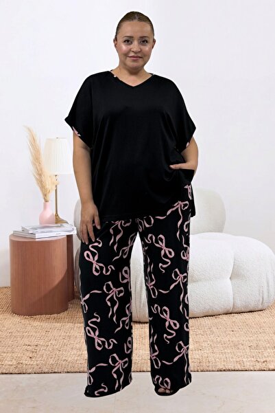Eslina 67808 طقم بيجامة مودال مقاس كبير - طقم بيجامة ميلان - مزين بشريط وردي