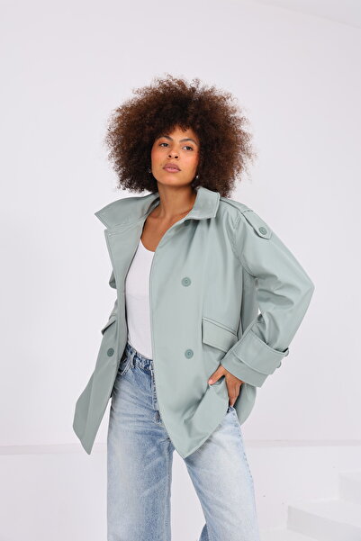 Heggo Women's Oversize Trench Coat Short Length Stand Collar Buttoned Pockete...