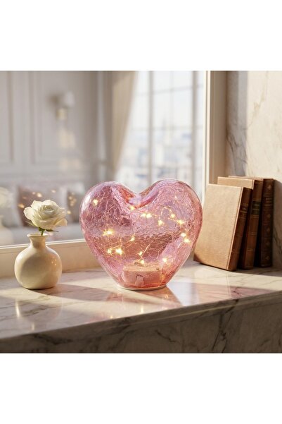 Ornament24 Decoratiune inima din sticla cu lumini LED, roz, cadou pentru Vale...