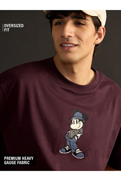 The Souled Store By Styli Men Burgundy Embroidered Mickey Mouse Oversized T-S...