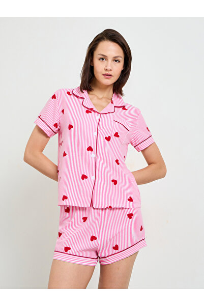 Take Two By Styli Striped Heart Print Short Sleeve Pajama Set