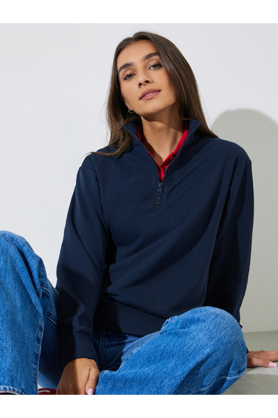 Styli Navy Blue Solid Regular Fit Half Zip Sweatshirt