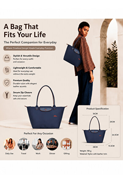 Longcheer Medium‑Size Women's Nylon Tote Bag with Brown Leather Trim Shoulder...