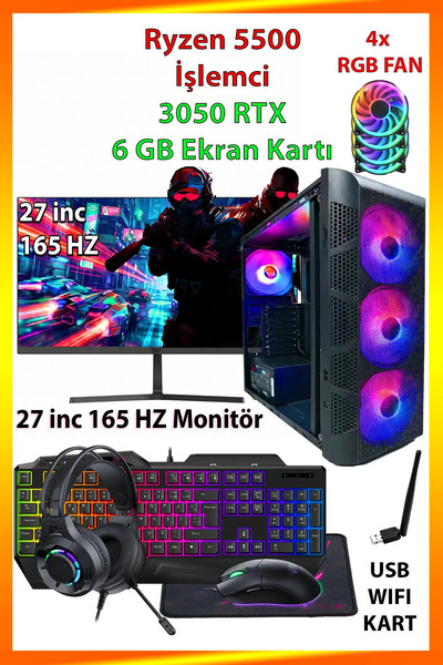 COMLOJI GA Gaming Ryzen 5 5500 RTX 3050 16GB DDR4 RAM 512GB M.2 NVMe SSD 27in...