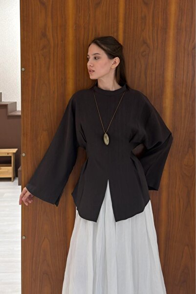 fayaboutique.com Kahverengi Modal Bel Detaylı Lemina Tunik