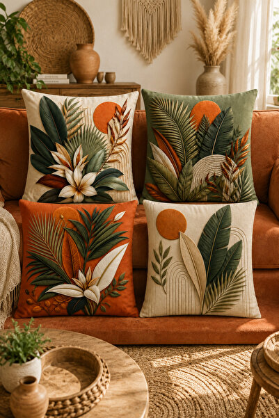 ayshome textile 3 BOYUTLU DİJİTAL BASKI Yaprak Desenli 4'Lü Kırlent Kılıfı Seti