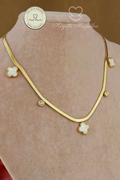 Keyifli Hayaller Steel Necklace - White Stone Italian Chain Clover 316L Steel...