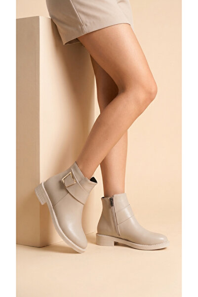 Moda Lime Alçak Taban Fermuarlı Yandan Gold Toka Detaylı Kısa Kadın Bot Bootie