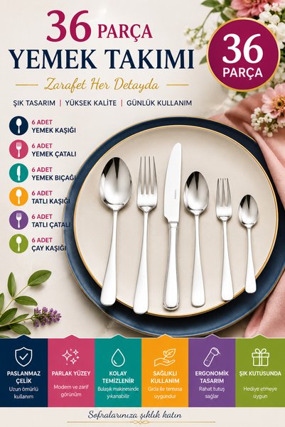 Mecra Life 36 Parça 6 Kişilik Çatal Kaşık Bıçak Takımı Paslanmaz Çelik Yemek ...