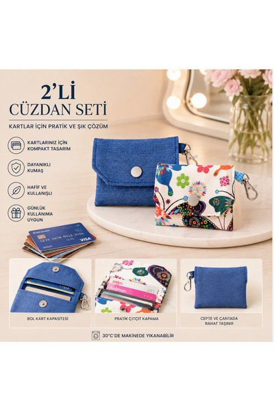 Tasarım Butterfly Pattern & Denim Fabric 2 Piece Wallet Set 11 X 8 cm