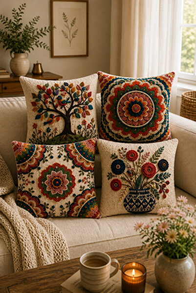 ayshome textile 3 BOYUTLU DİJİTAL BASKI Maksimalist Bohem Desenli 4'Lü Kırlent Kılıfı Seti