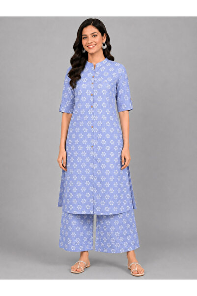 HOUSE OF RAELI By Styli Blue All Over Floral Print Longline Top and Pants Eth...