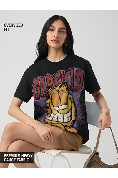 The Souled Store By Styli Black Oversized Garfield Graphic T-Shirt