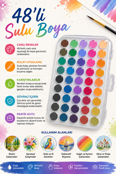 Genel Markalar 48’Lİ SULU BOYA SETİ – 48 RENK WATERCOLOR BOYA SETİ | CANLI RE...