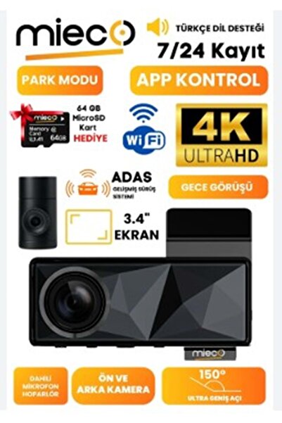 Mieco A11 Wifi/ 4K UHD/ 150° Ultra Geniş Açı/ GPS/ ADAS/ Ön+Arka Araç Kamerası