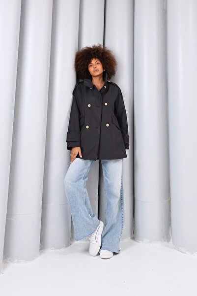 SahraAfra Women's Oversize Short Trench Coat Stand Collar Buttoned Pocket Tre...
